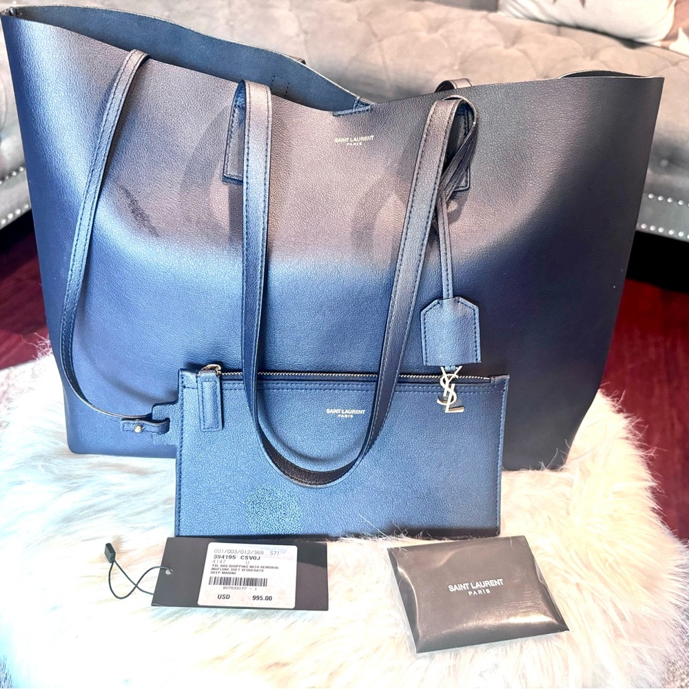 YSL Shopping Saint Laurent Leather Tote (Navy)